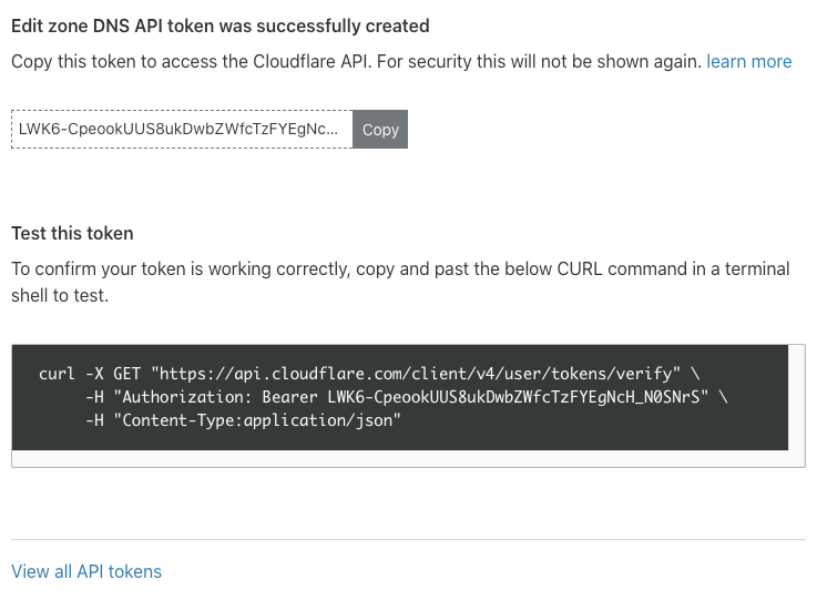Page displaying your API token and the curlcommand to test your token