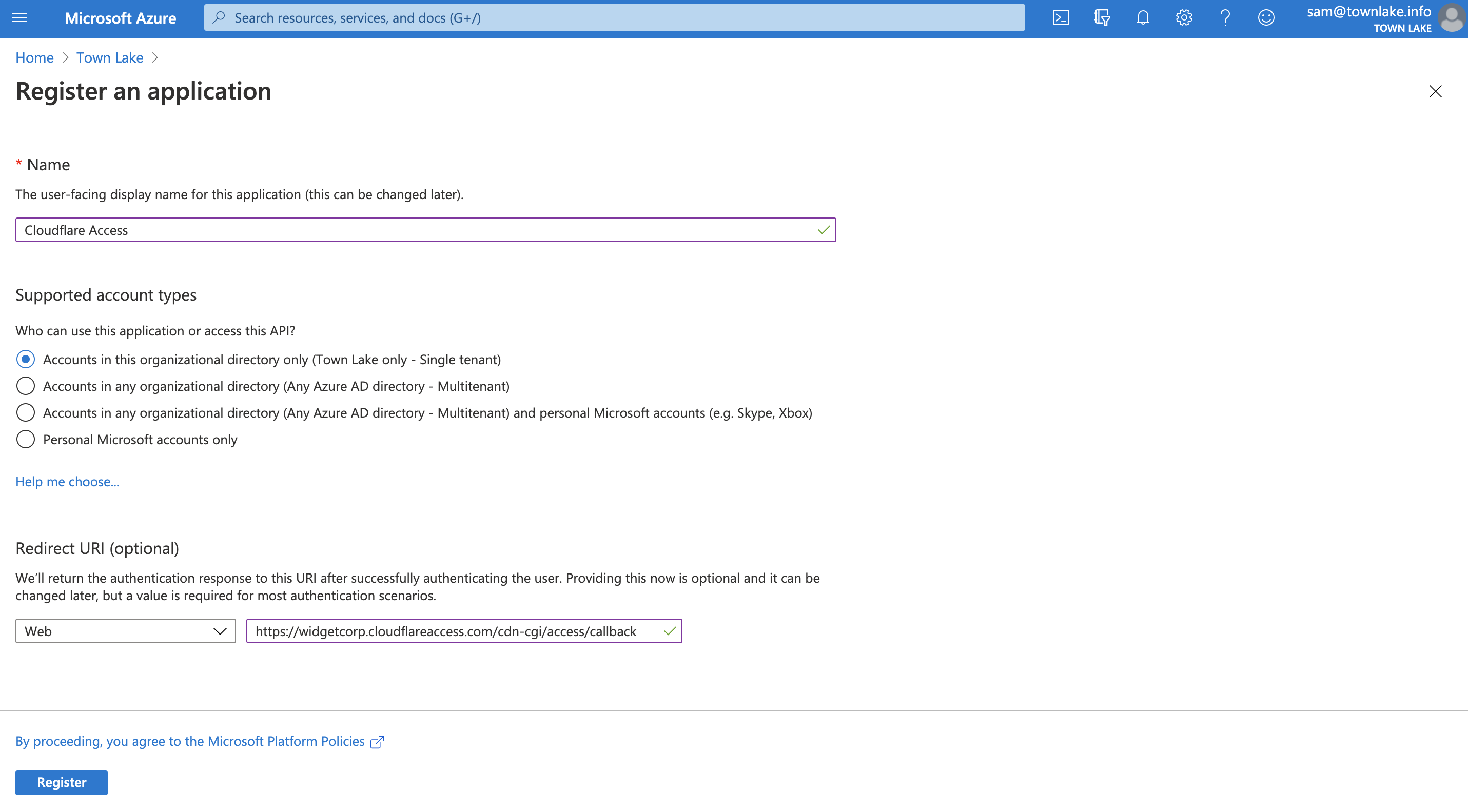 Registering an application in Azure