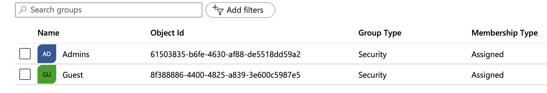 Viewing the Azure group IDs on the Azure dashboard