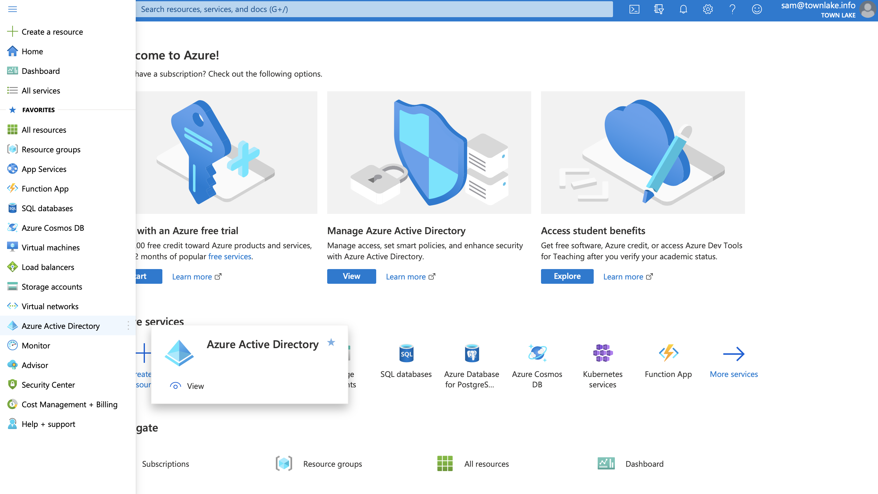 Navigating to Azure Active Directory on the Azure dashboard