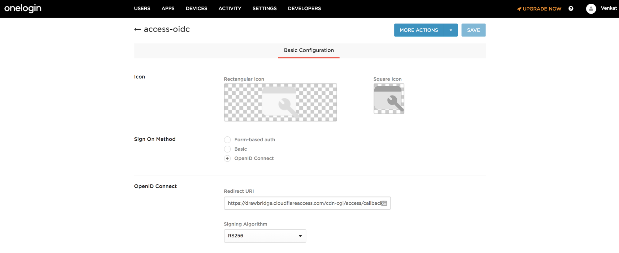 OneLogin OIDC Application Basic Configuration page