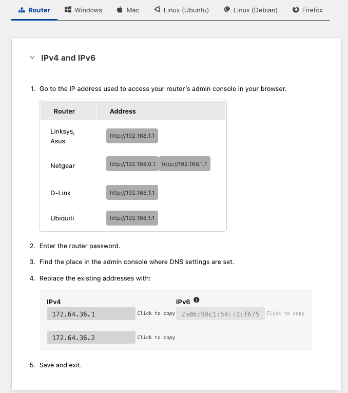 DNS resolver setup instructions on the Zero Trust dashboard