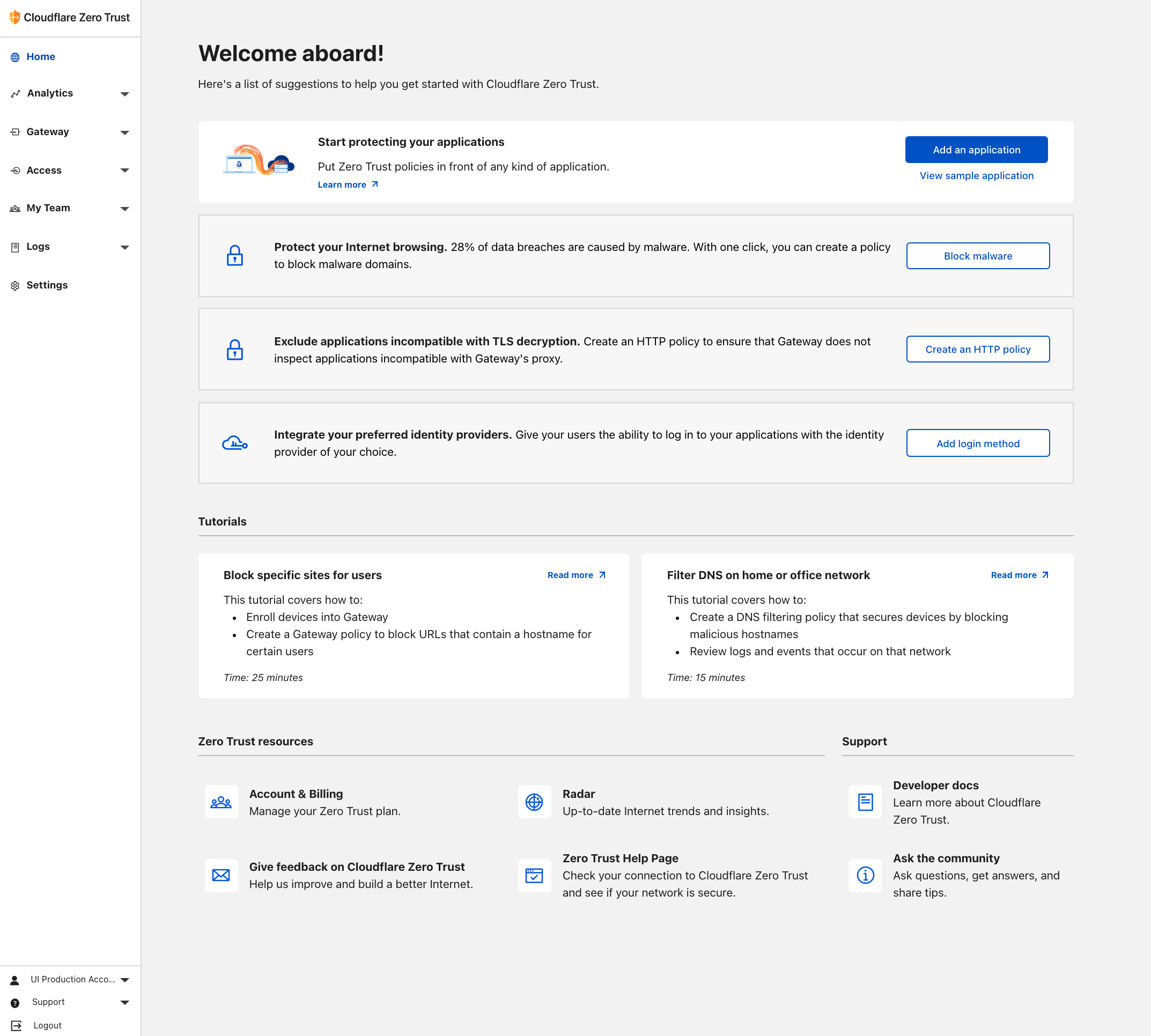 Cloudflare Zero Trust dashboard home