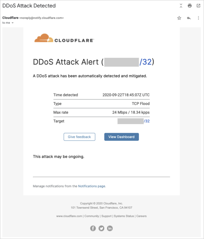 Example notification email of a DDoS attack