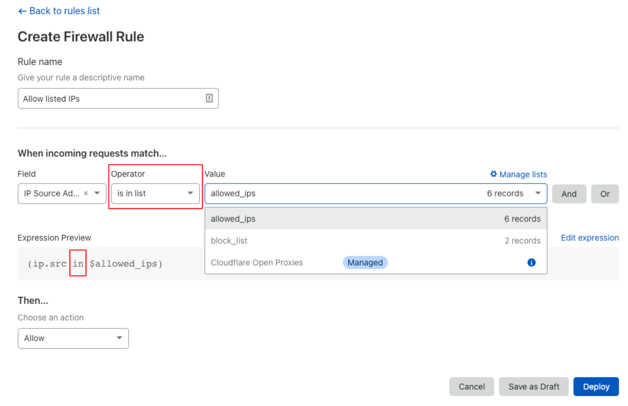 Selecting an IP List from the Value drop-down list when configuring the expression of a firewall rule