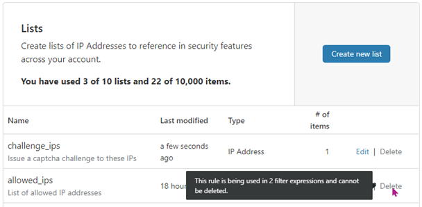 The Lists interface displaying an unavailable Delete operation because the corresponding list is still being used in two rule expressions