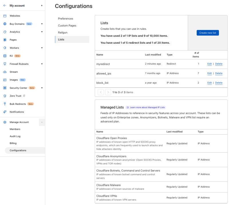 The Lists user interface in the Cloudflare dashboard where you can create and manage IP Lists