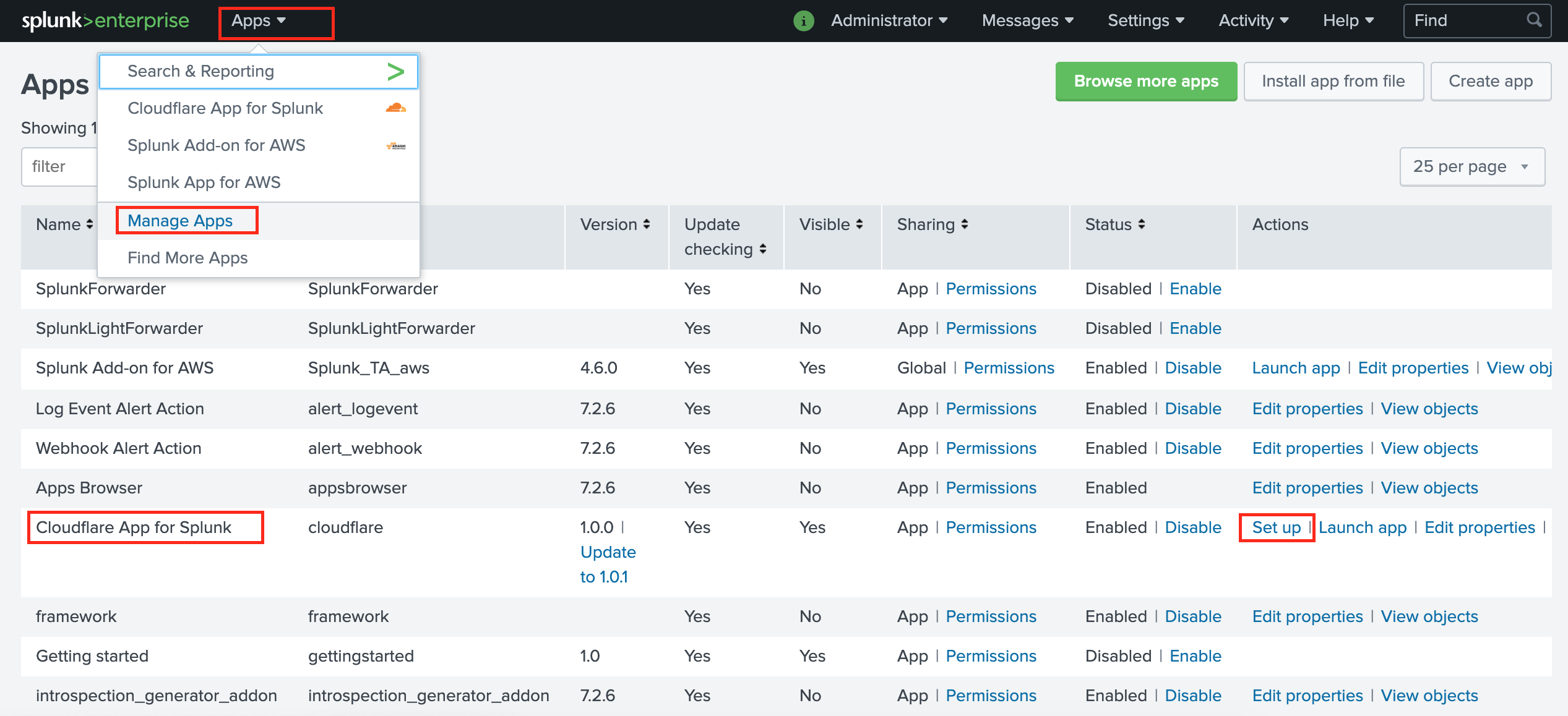 Splunk Apps page with Manage Apps, Cloudflare App for Splunk, and Set up items highlighted