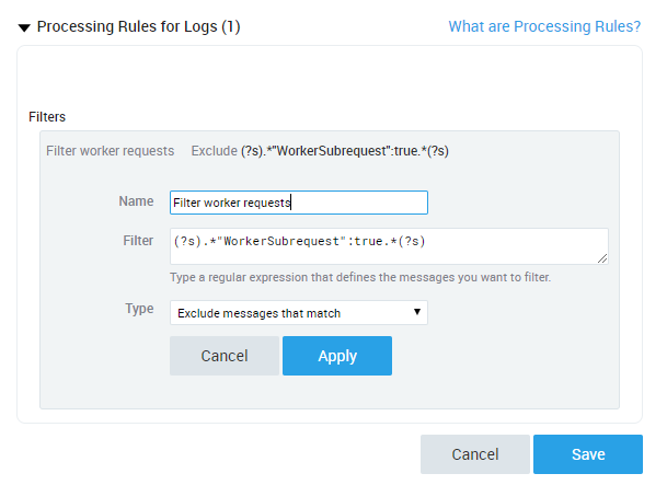 Sumo Logic Processing Rules for Logs page with sample Filter settings