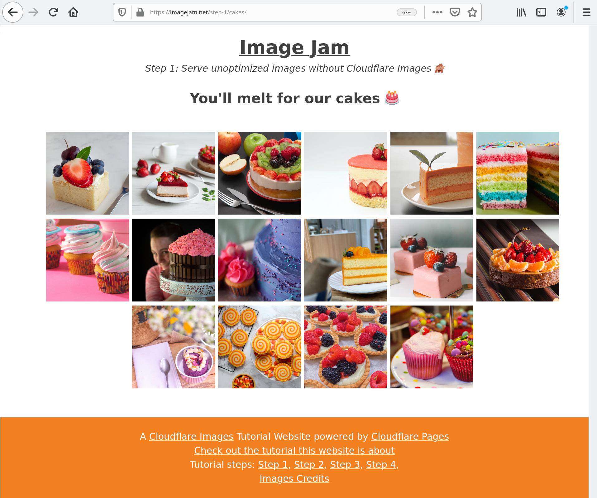 The demo website has lots of thumbnail images of cakes.