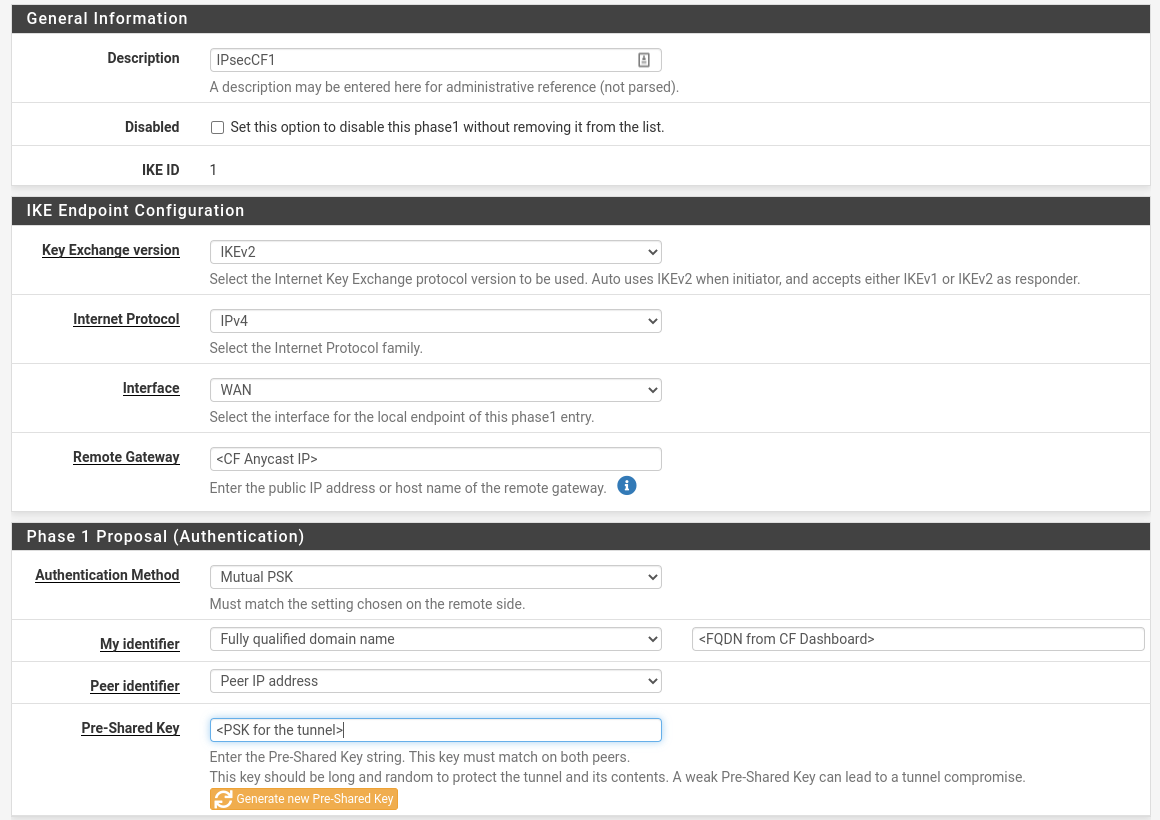 pfSense IPsec phase 1 setting values for a policy based configuration