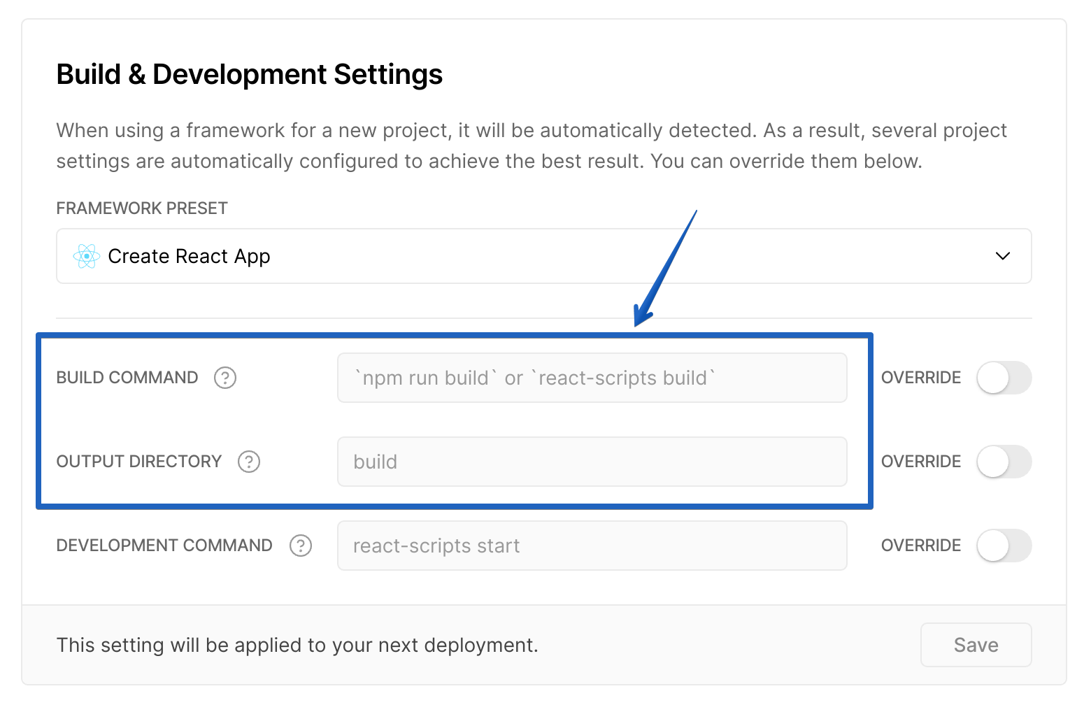 Finding the Build Command and Output Directory fields