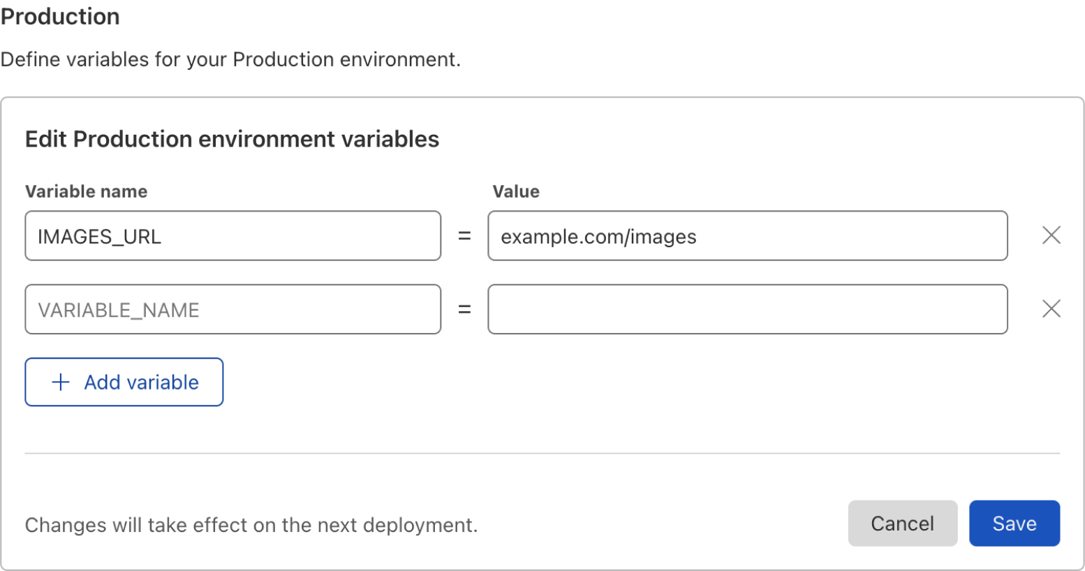 Editing an environment variable by adding a variable name and value