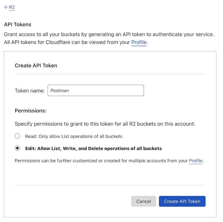 Generate an R2 API token for Postman by following the instructions above