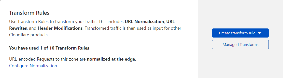 Access the Managed Transform settings from Rules > Transform Rules in the Cloudflare dashboard.