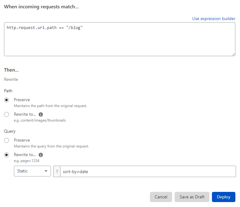 URL Rewrite Rule configuration to perform a static query rewrite according to the blog example described in the page.