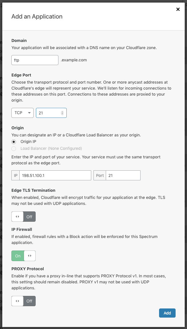 Add an application dialog with IP address and port set to 21