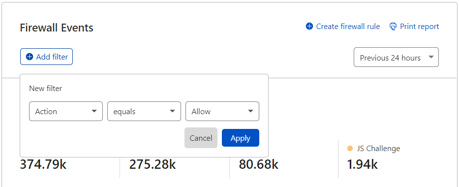 Example of adding a new filter in Firewall Analytics for the Allow action