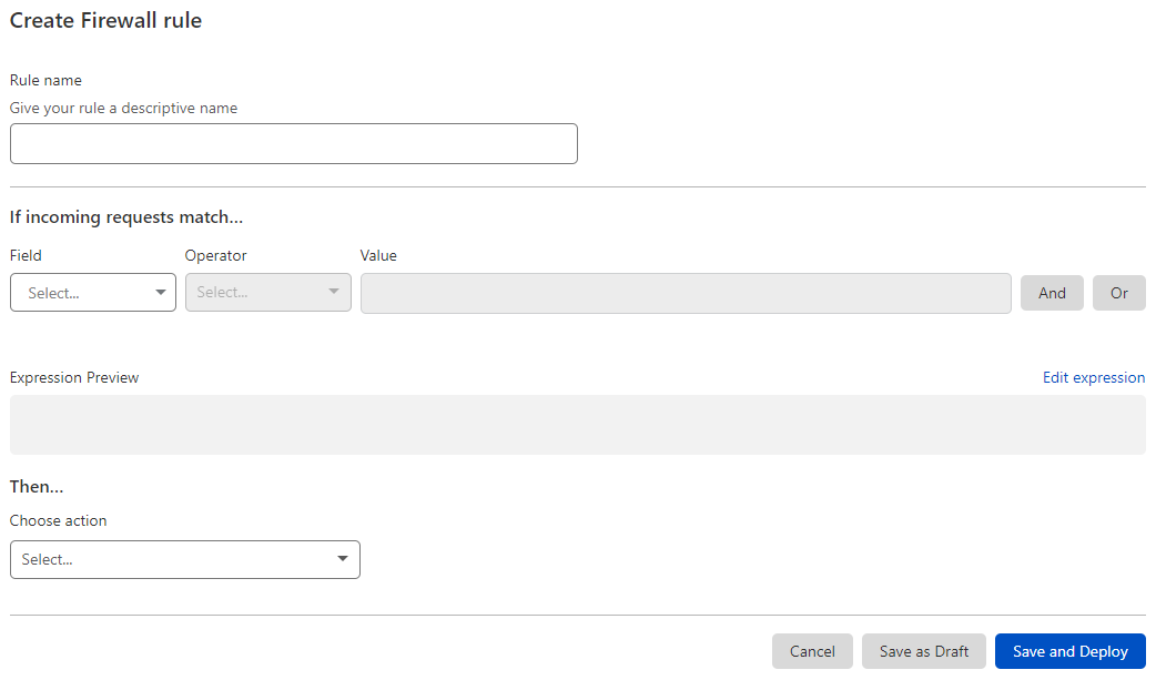 Custom rule creation page in the Cloudflare dashboard